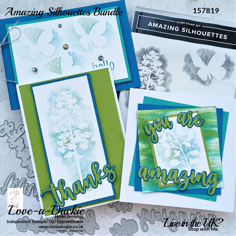 The Amazing Silhouettes bundle from Stampin' Up! have been used with the baby wipe technique to create 3 cards