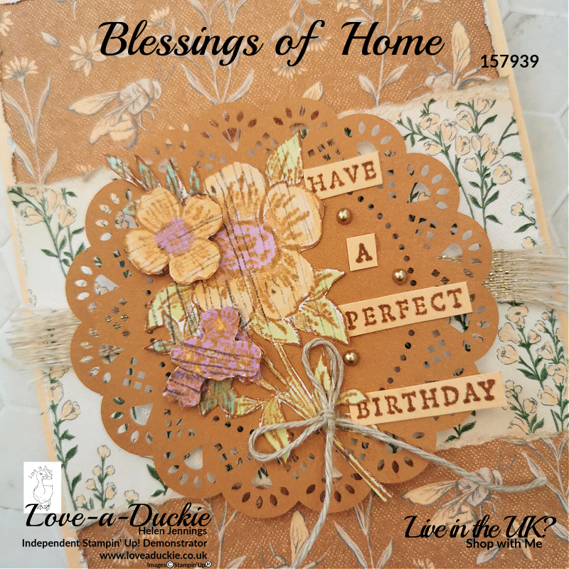 Torn and distressed edges,  ink blending and frayed ribbon all feature on this vintage style card using Stampin' Up's Heart & Home suite