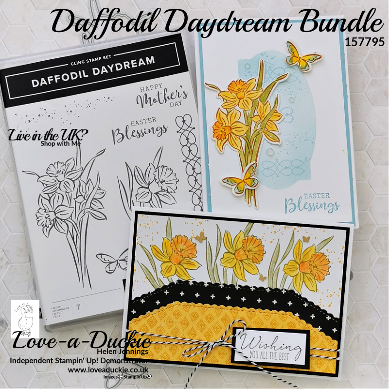 Two cards created with the Daffodil Daydreams Bundle and techniques including reverse masks and water colour