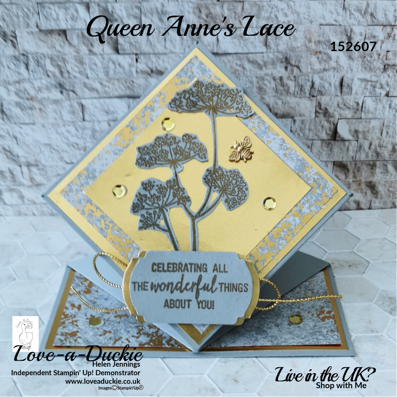 A op up diamond card using the Queen Anne's Lace stamp set and foiled paper from Stampin' Up!