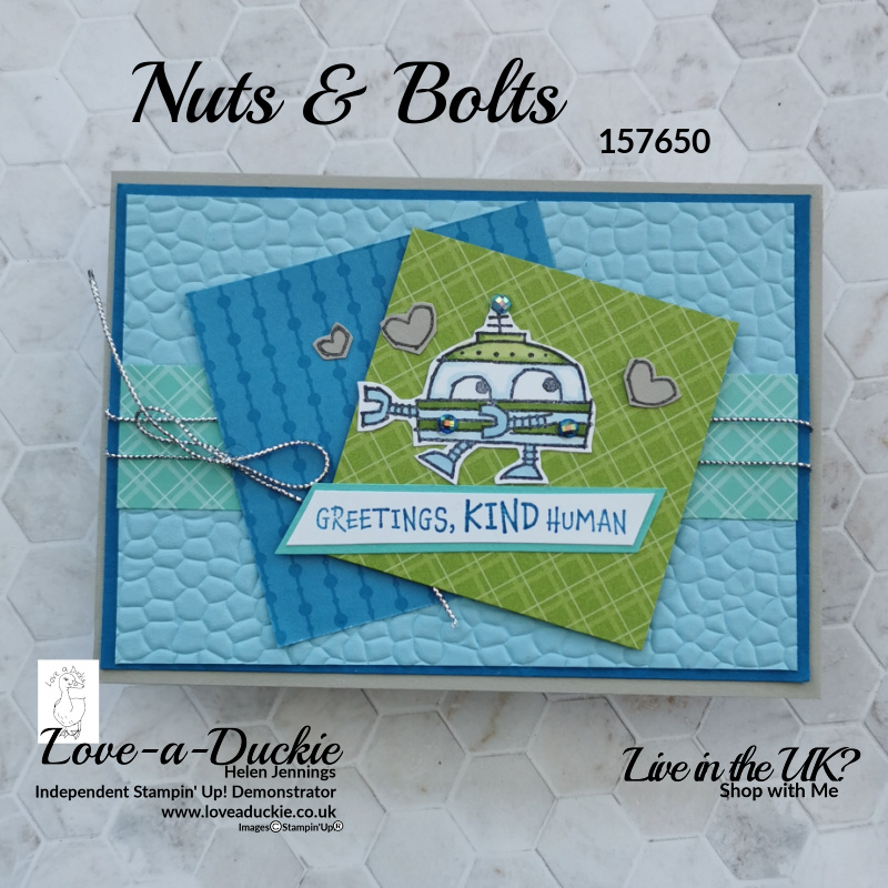 A robot thank you card using the nuts & bolts stamp set from Stampin' Up and a colour challenge