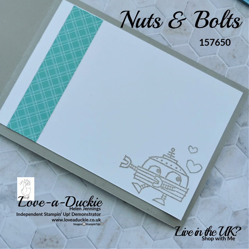 The inside of a thank you card using robots from the Nuts & Bolt stamp set from Stampin Up.