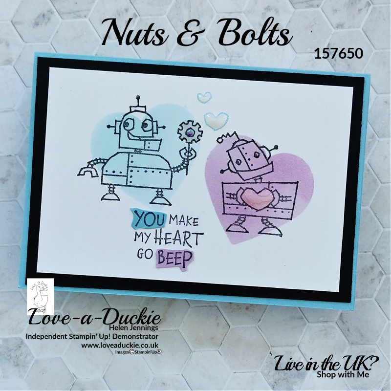 A cute Valentine's Card with Robots from the Nuts & Bolts stamp set from Stampin' Up and Shimmery Crystal effects.