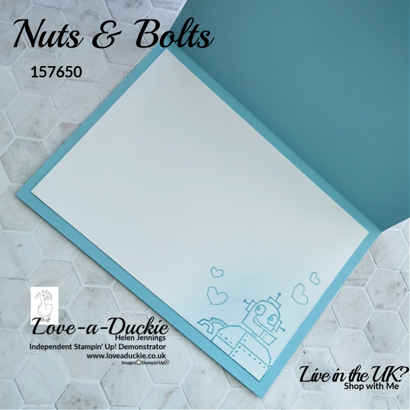 Ink blending and a robot from Stampin' Up's Nuts 7 bolts stamp set on the inside of this Valentine's Card.