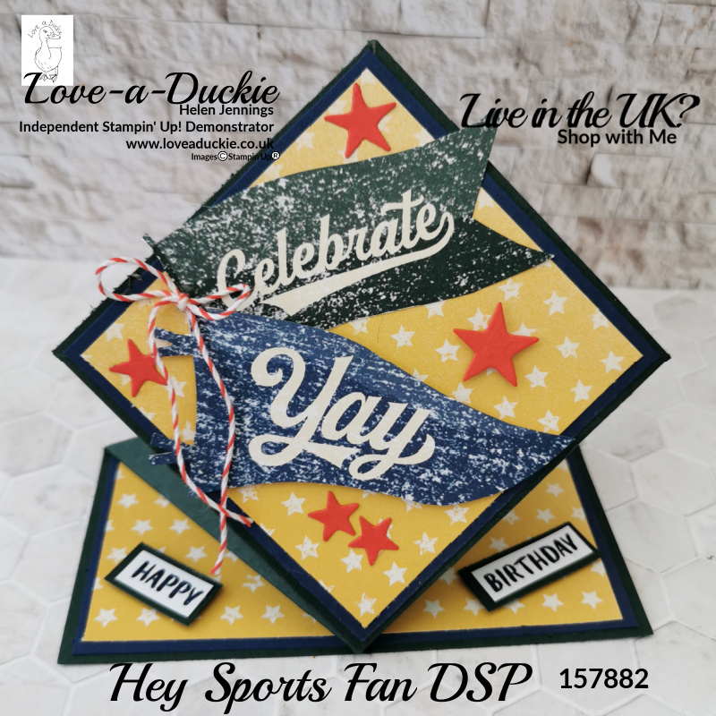 Stars, flags and twine adorn this Masculine Pop Up Diamond Card using the Hey Sports Fan Suite from Stampin' Up!