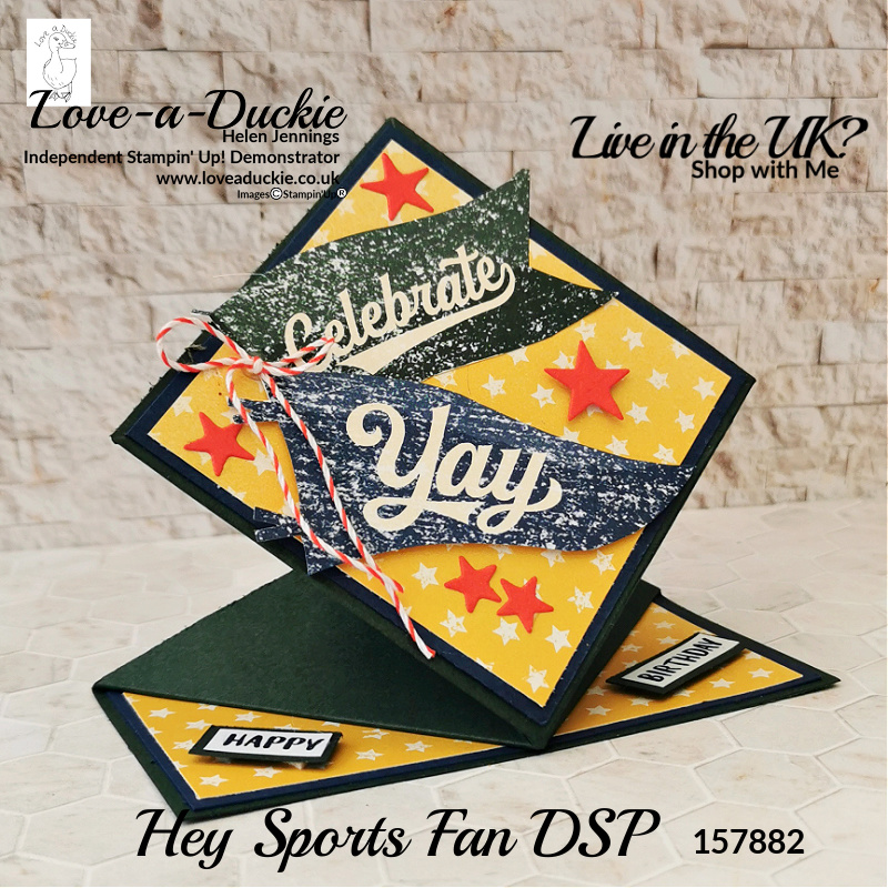 The Hey Sports fan papers from Stampin' Up have been used to decorate this Masculine Pop Up Diamond Card