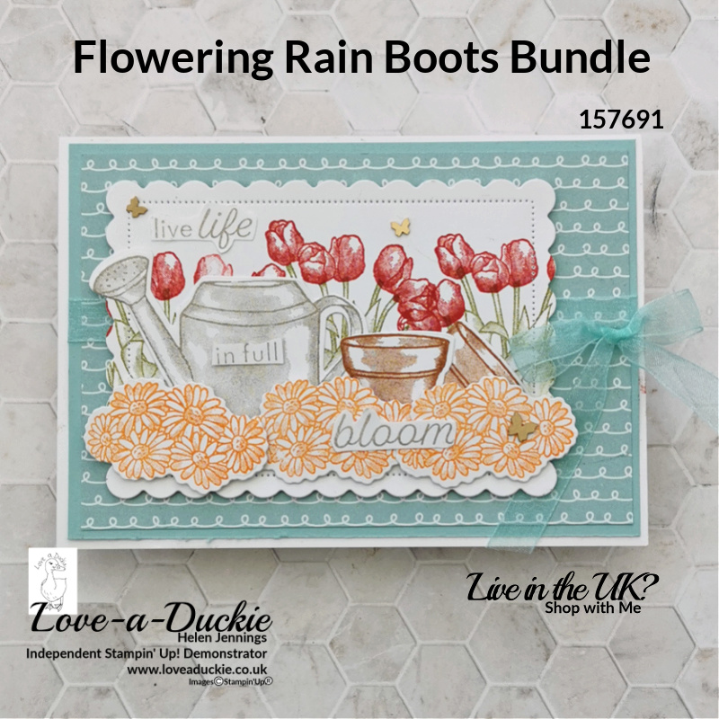 A layered card for gardeners featuring the Flowering Rain Boots bundle from Stampin' Up