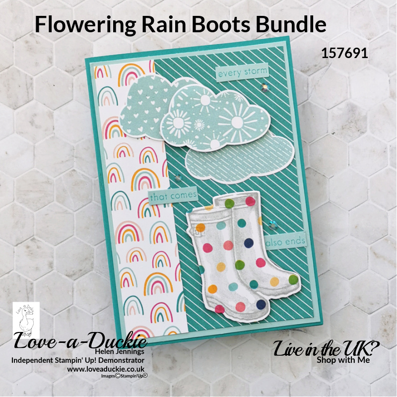 Using Punches and dies to create the elements for this card using the Flowering Rain Boots Bundle and Sunshine & rainbows paper.