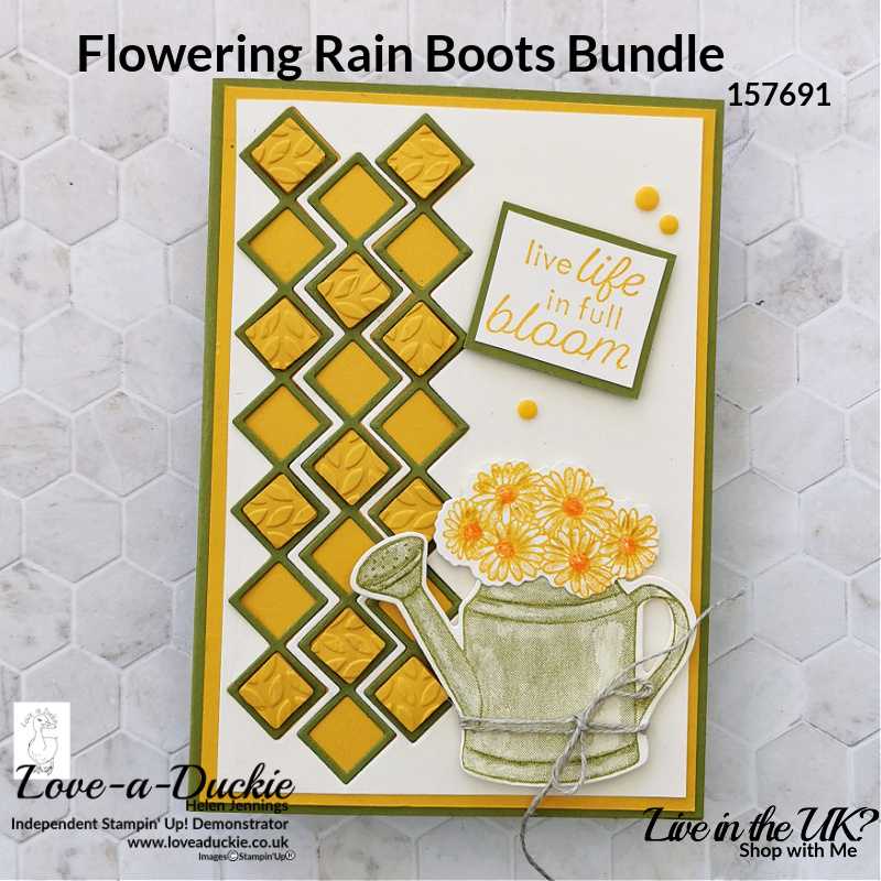 Using the die cut trellis from Stampin' Up's Flowering Boots Bundle and the Greenery Embossing folder to create the background on this watering can card