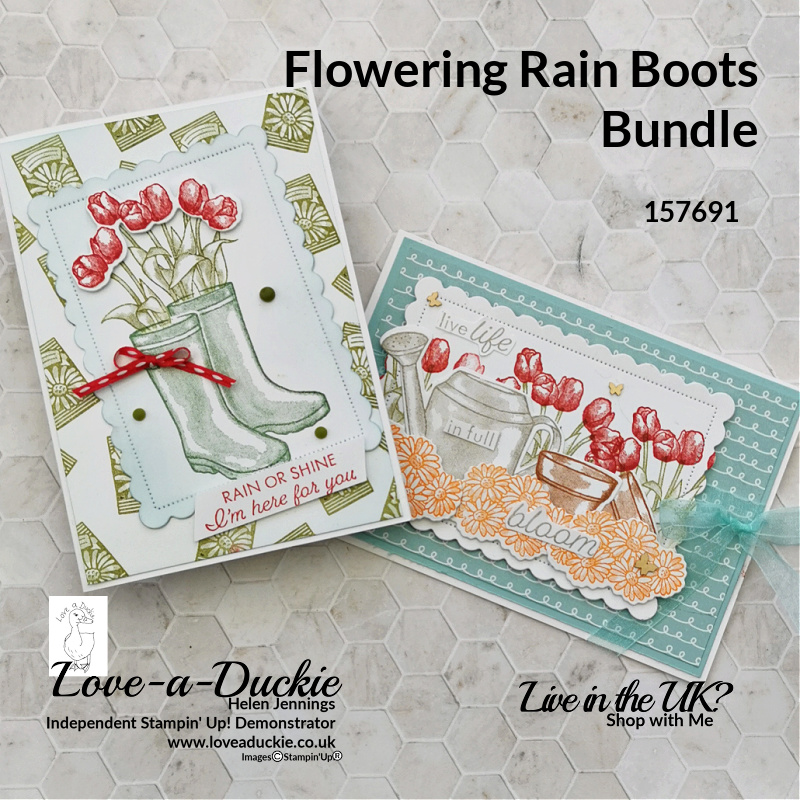 Two cards for gardeners using Stampin' Up's Flowering Rain Boots bundle.