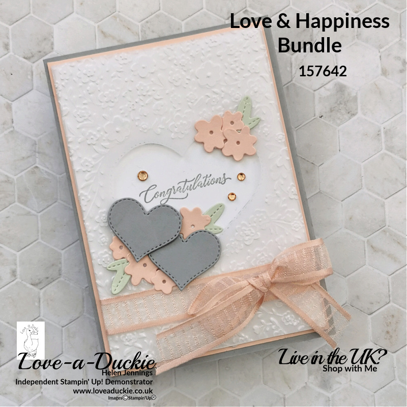 Vellum and a soft palette feature on this Wedding card with embossing using the Love & happiness Bundle from Stampin' up!