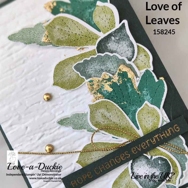 Gold Gilded leafing, gold embossing and gold brushed metallic dots all add a touch of elegance to this card featuring Stampin' Up's Love of Leaves stamp set.