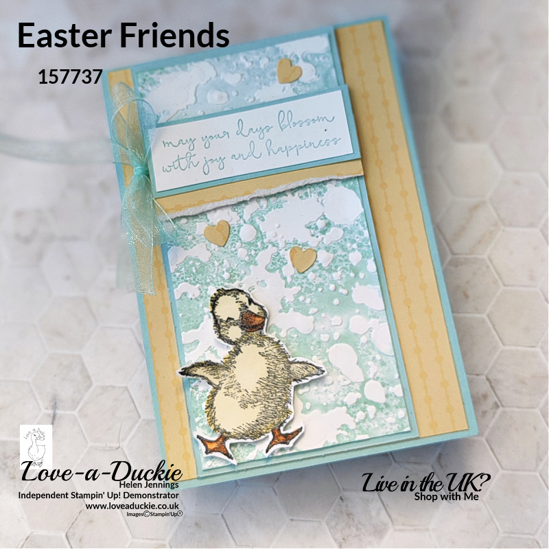 I duckling from the Easter Friends stamp set, coloured with Stampin' Blends and teamed with the Splatters 3D embossing folder, all from Stampin' Up!