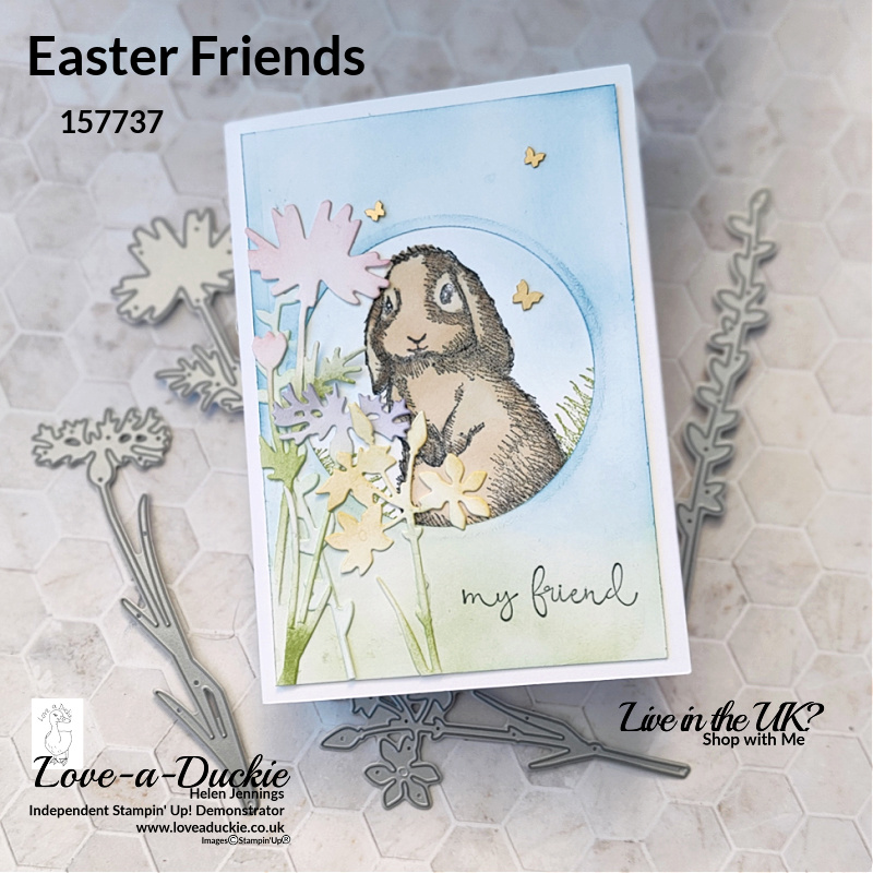 A rabbit coloured with Stampin' Blends alcohol markers, using the Easter Friends and Quiet Meadow bundle from Stampin' Up!