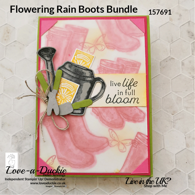 Creating your own cardmaking stencils to create this garden themed card with the Flowering Rain Boots bundle from Stampin' Up!