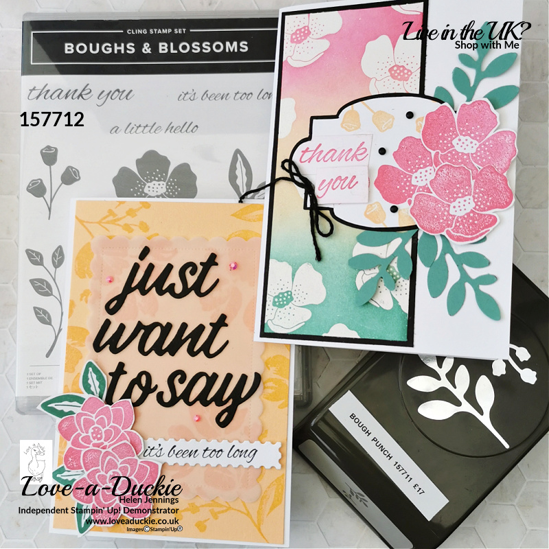 Two cards with Stampin' Up's Boughs & Blossom bundle, one using the heat emboss resist technique.