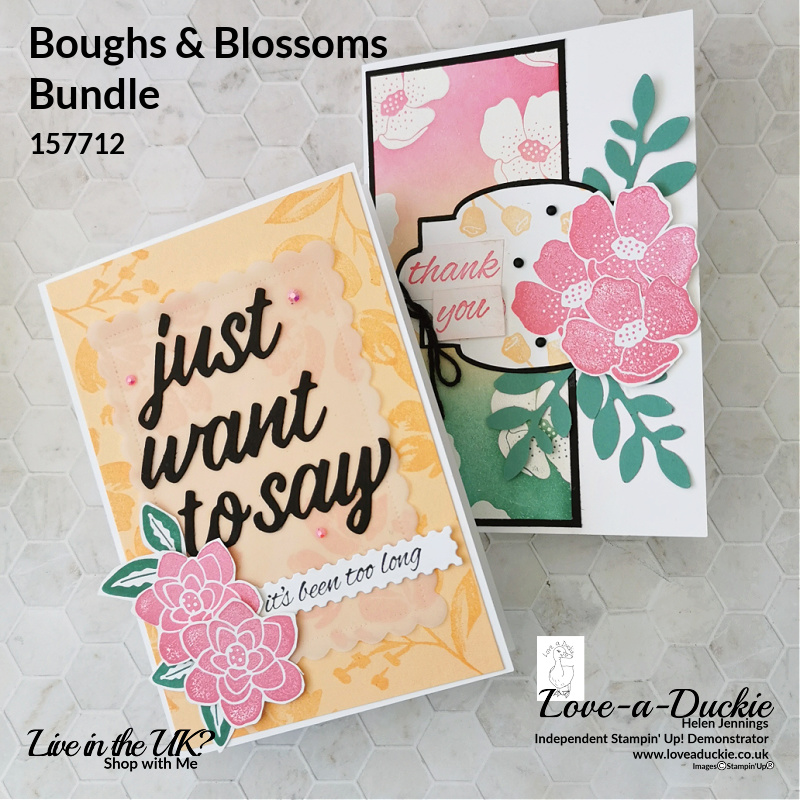 Two cards with the same colour palette using Boughs & Blossom bundle and Art Gallery Bundle from Stampin' Up!