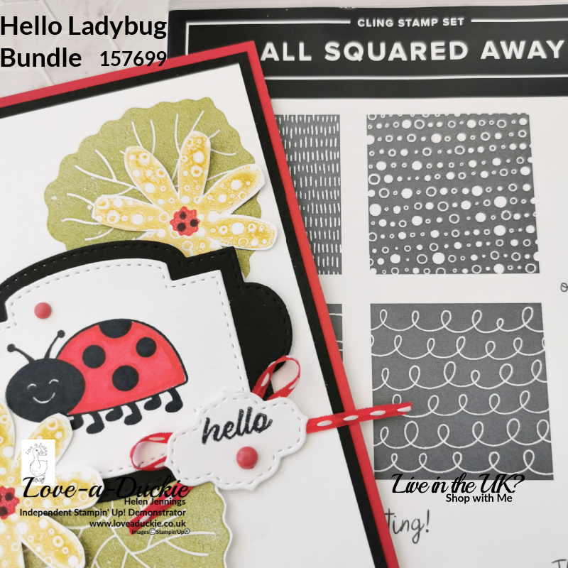 The Hello Ladybug stamp set and All squared Away stamp set, both from Stampin' Up! have been used for the kissing technique