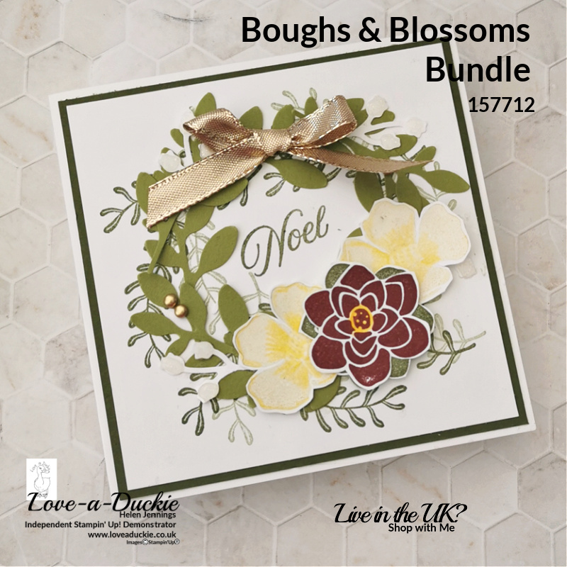 A Christmas Wreath card using the Boughs and Blossoms bundle from Stampin' Up!