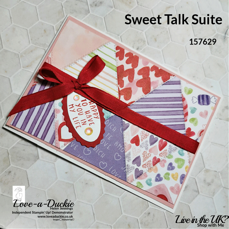 This card features quilting with patterned papers from the Sweet talk suite from Stampin' Up!