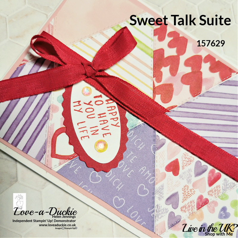 The oval punched, stitched triangles and Sweet Talk patterned paper from Stampin' Up were used on this quilted paper card