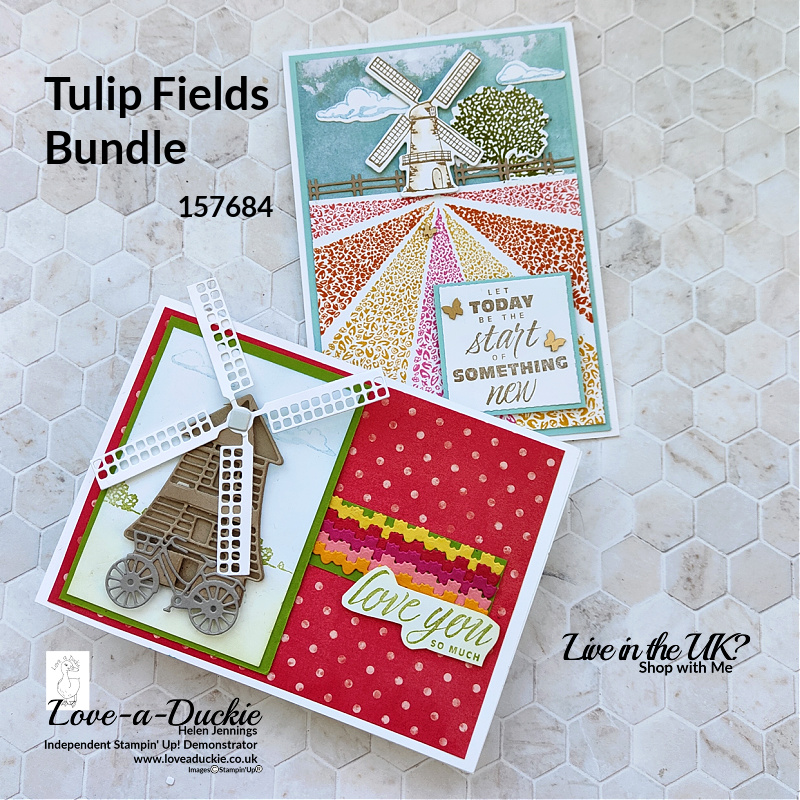 Two windmill themed cards using stamps, dies and papers from Stampin' Up's Flowering Fields suite.