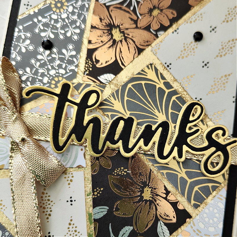 Stampin' Up's Gilded Leafing and Amazing Thanks dies were used to enhance the Simply Elegant paper scraps in this card.