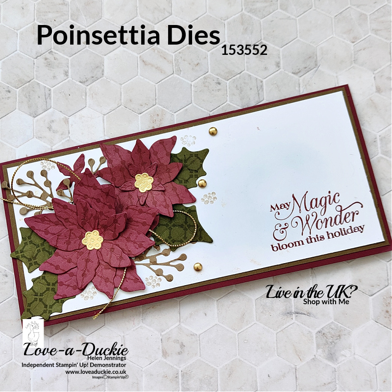 Poinsettias created by die cutting patterned paper to create a Christmas slimline card.