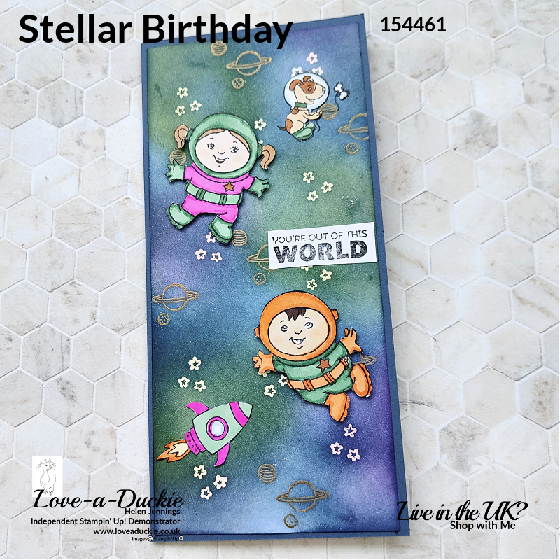 A space themed children's space card using a blended background, heat embossing and Stampin' Up's Stellar Birthday stamp set.