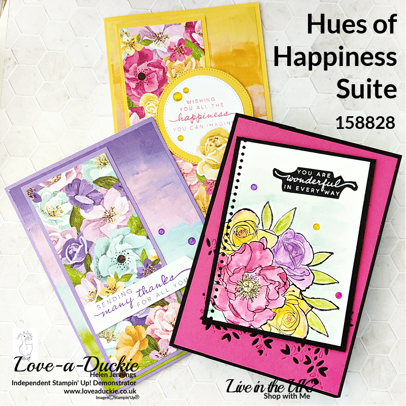 Three cards created with Stampin' Up's Hues of Happiness Suite