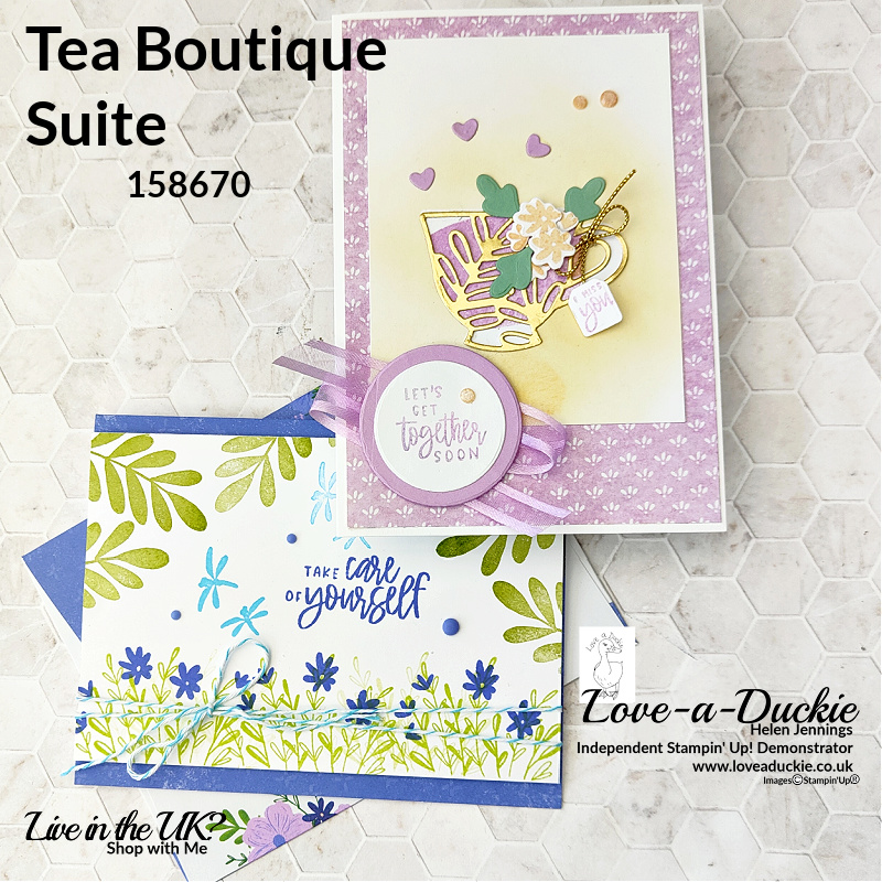 two very different cards created using Stampin' Up's tea Boutique Suite and inks, stamps and paper.
