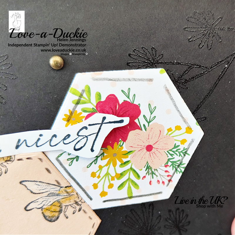 Die cut Tea Boutique Designer Series Paper from Stampin' Up on this slimline card with hexagonal die cute.