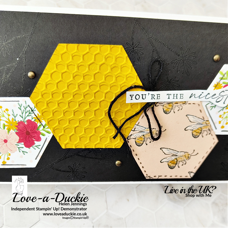 Hexagonal; Shapes on a slimline card featuring the Honeybee Home stamp set, Hive 3D embossing folder and beautiful shapes dies from Stampin' Up!