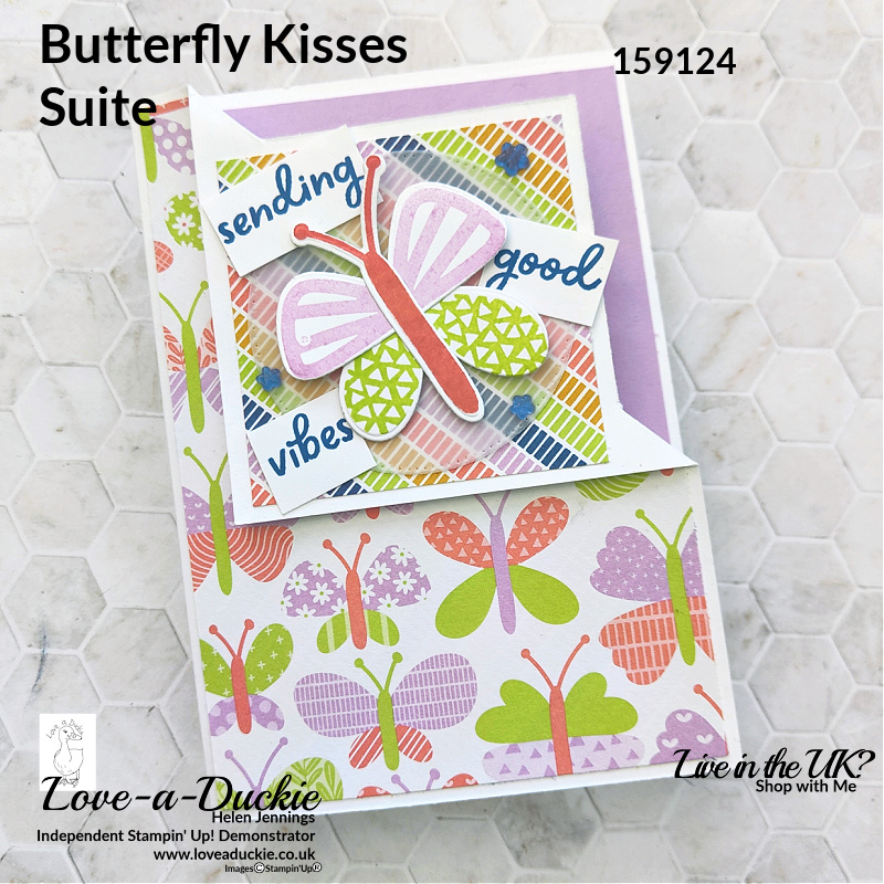 A fancy fold corner flip card featuring Stampin' Up Butterfly Kisses Suite.