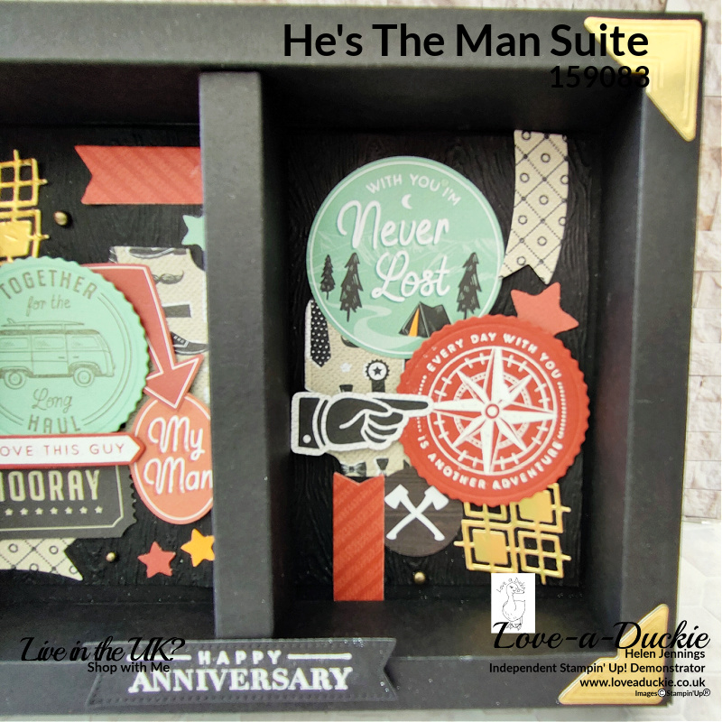 Stamped images, Designer Series paper and die cuts from the he's the Man Suite from Stampin' Up have been used in this 3D Masculine Box Card.