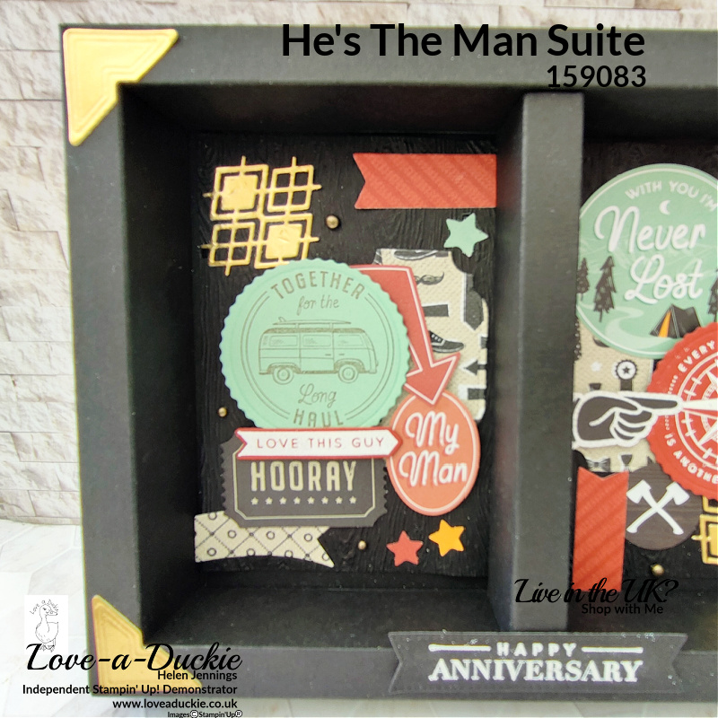 This masculine 3D box card features embossing, stamping and pop out die cuts using the He's the Man Suite from Stampin' Up!