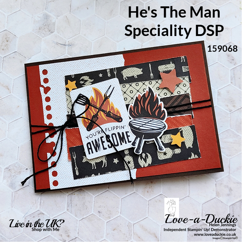 A barbeque themed card using the He's The Man Speciality Paper from Stampin' Up!