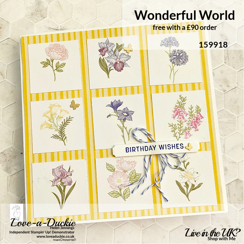 A card created with squares of patterned paper from the Wonderful World bundle from Stampin' Up.