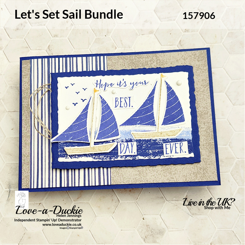 Yachts have been stamped and punched out using the Let's Se sail bundle from Stampin' Up on this nautical card that is perfect for men.