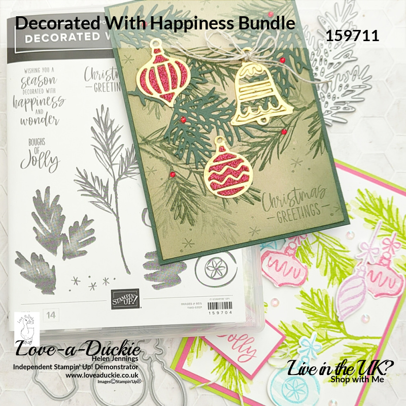 Use the Decorated with Happiness Bundle from Stampin' Up to create two very different  Christmas cards.