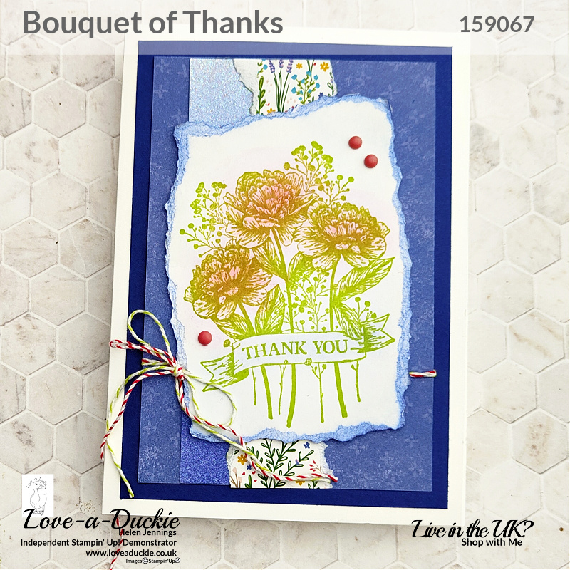 Bouquet of Thanks stamp set frome Stampin' Up have been used on this 5" x 7" layered thank you card inspired by dice