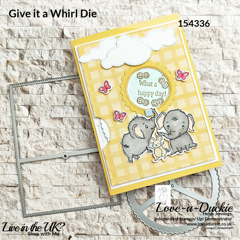 A spinner card using the Give it a whirl die from Stampin' Up and the Elephant Parade Bundle