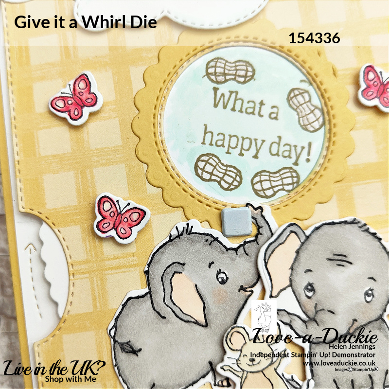 Elephants juggling peanuts feature on this Spinner Card using the Give it a Whirl Die and Elephant parade bundle from Stampin' Up!