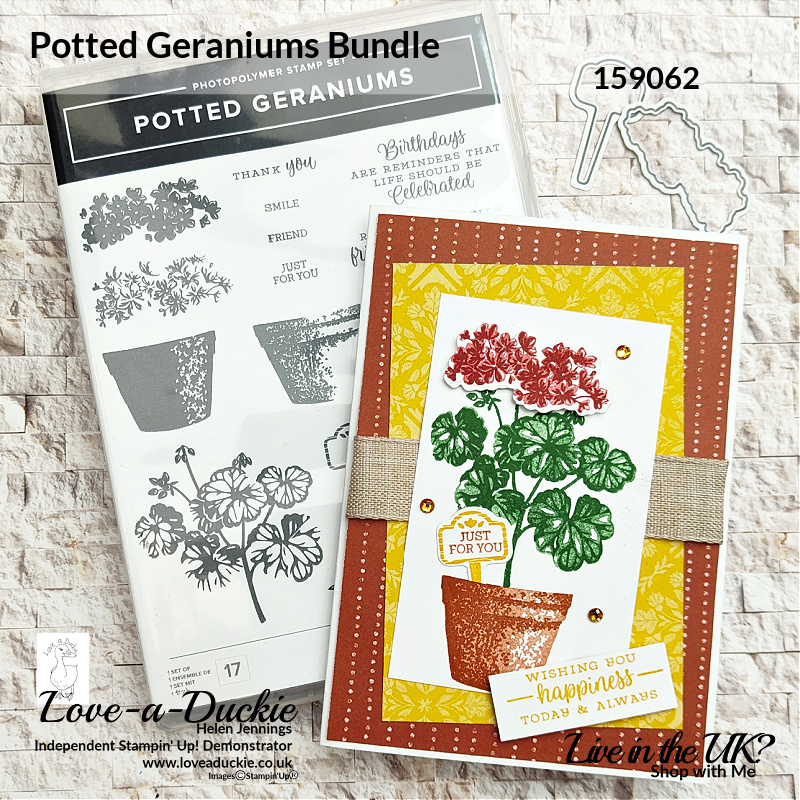 This two step stamping geranium card uses autumnal colours and the Potted Geraniums bundle from Stampin' Up!