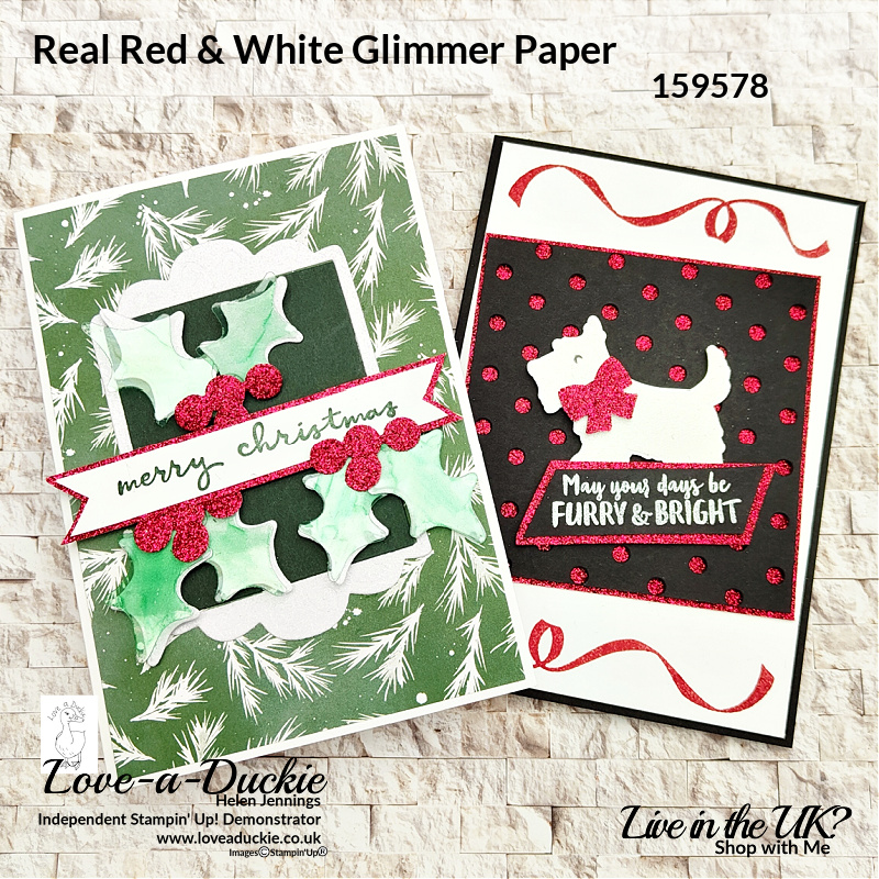 Two Christmas Cards using Stampin' Up's real red & White glimmer Paper.