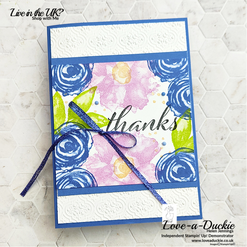 A floral thank you card using Stampin' Up's Artistically Inked stamp set and Quatrefoil Tile embossing folder.