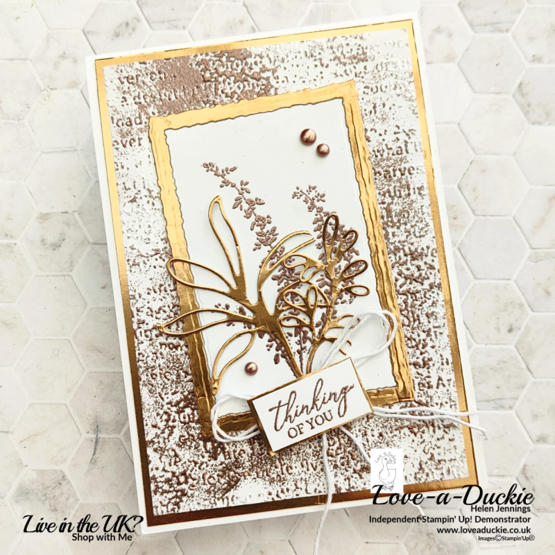 Using the Botanical Layers stamp set and the Timeworn Type 3D embossing folder from Stampin' Up to create this metallic card.