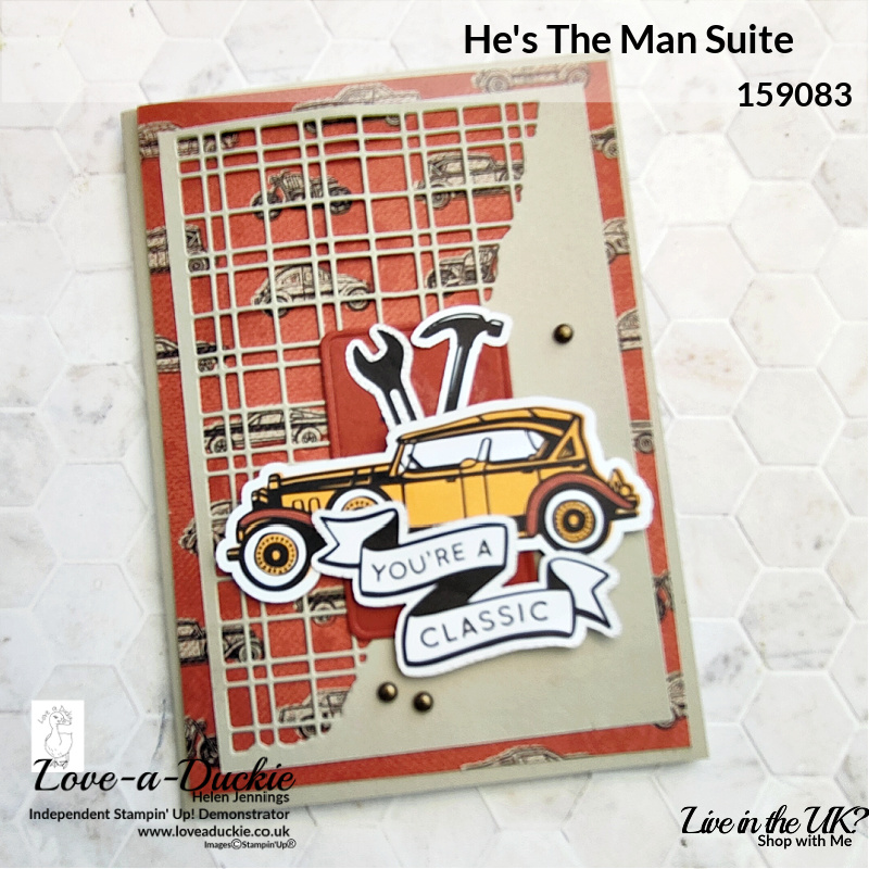 A fun classic card car using Stampin' Up's Split Card Texture die and He's the Man suite,