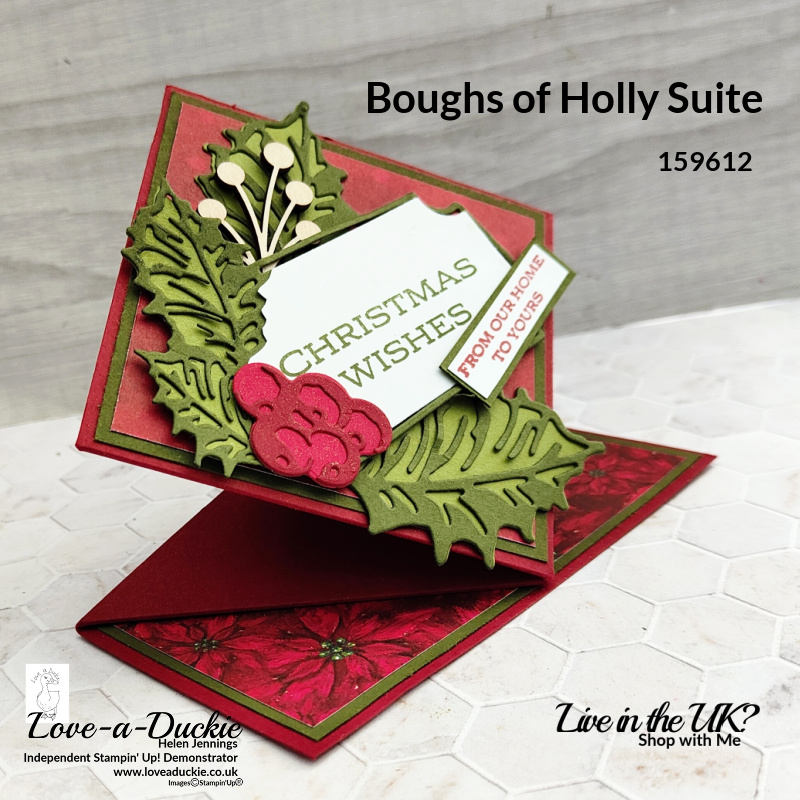 A fancy fold card with Stampin' Up's Boughs of Holly papers and Leaves of Holly bundle.