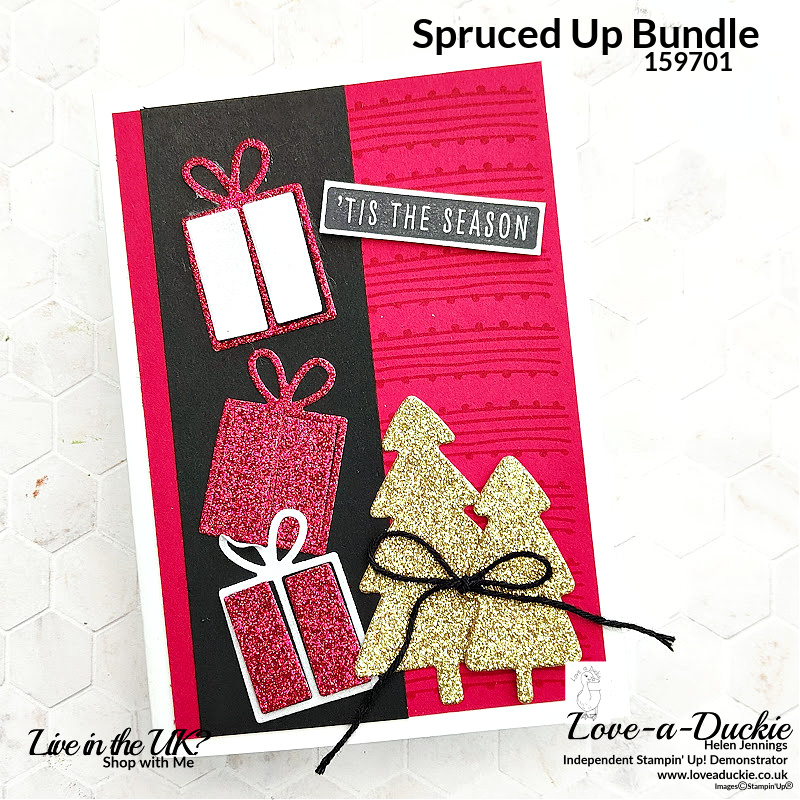 Glimmer Paper that has been fie cut with Stampin' Up's Spruced Up bundle add sparkle to this Christmas Card.